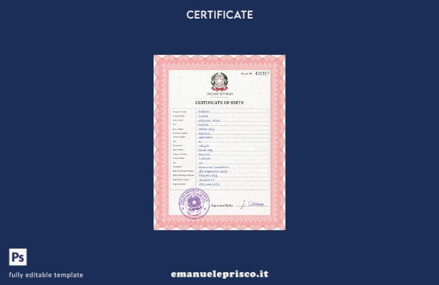 modello PSD del certificato di nascita in Italia in stile verificato